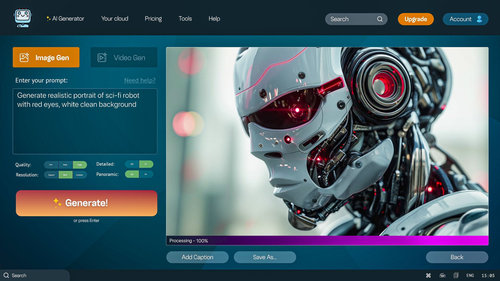 AI image generator generate detailed image of sci-fi robot. Text to image technology